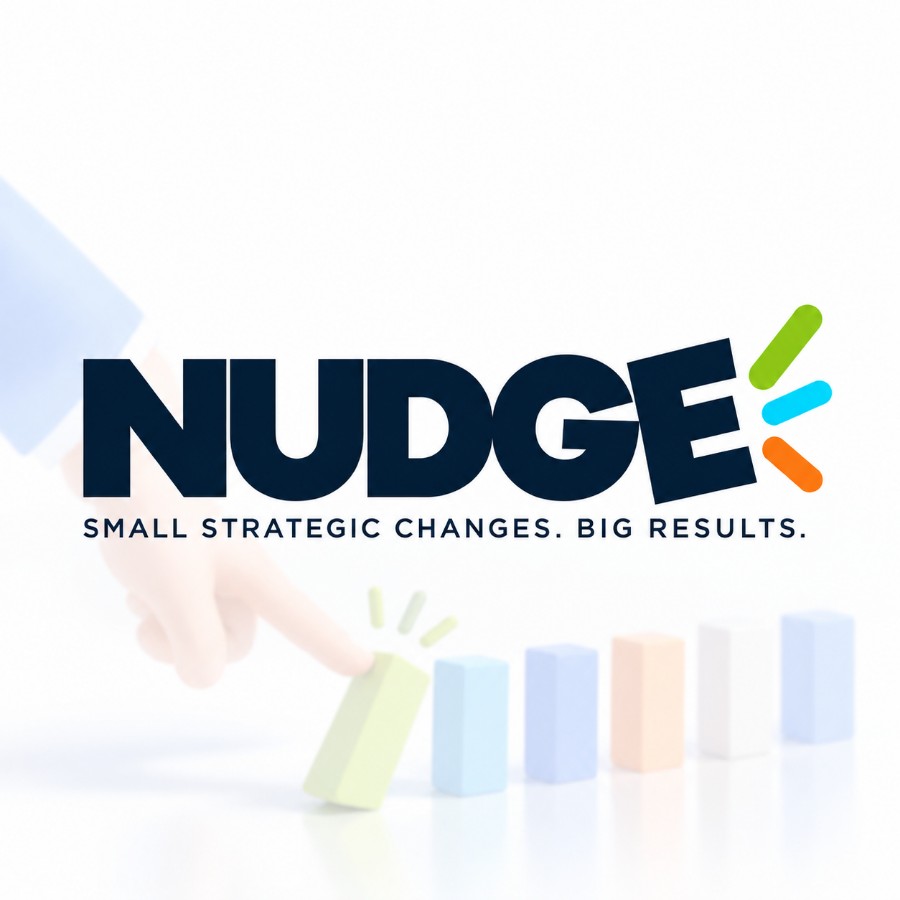 NUDGE brand illustration showing a small push setting dominoes in motion
